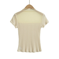 Half-high collar mesh splicing sexy perspective hollow short-sleeved T-shirt - Thumbnail 1