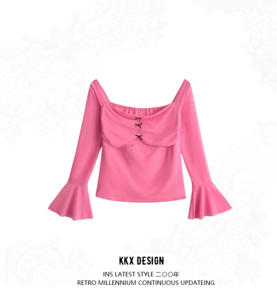 Tulle bow-decorated trumpet sleeve top