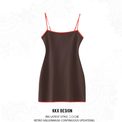 Hemmed color matching hot girl slim elastic bottom suspender dress - Thumbnail 5