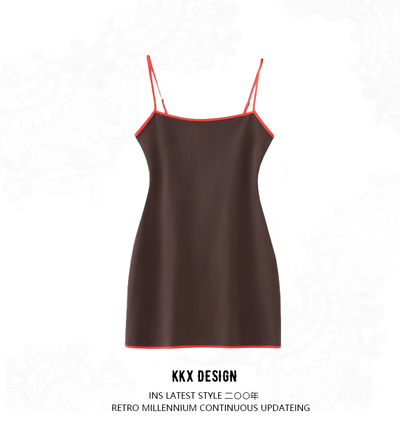 Hemmed color matching hot girl slim elastic bottom suspender dress