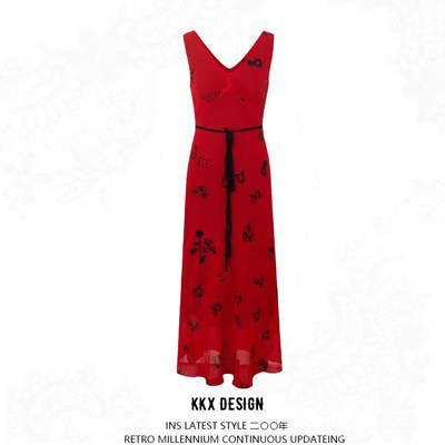 Retro print slim waist tie knee-length skirt - Thumbnail 3