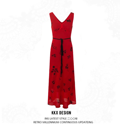 Retro print slim waist tie knee-length skirt