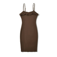 Square Neck Ruffle Hem Knitted Suspender Dress - Thumbnail 2