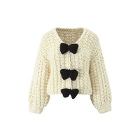 V-neck bow contrast color concealed button sweater new style woven lantern sleeve cardigan - Thumbnail 2