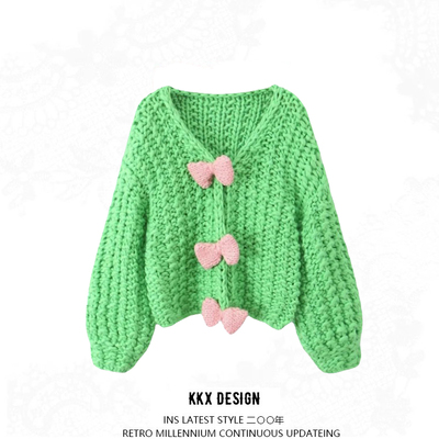 V-neck bow contrast color concealed button sweater new style woven lantern sleeve cardigan