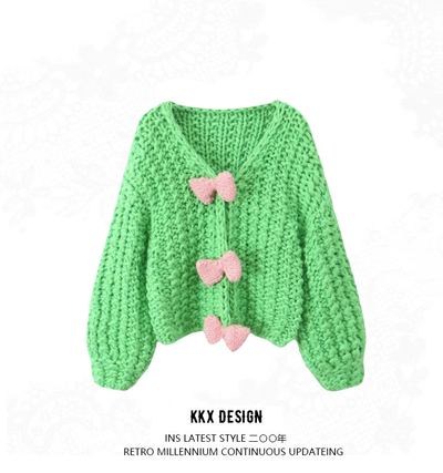 V-neck bow contrast color concealed button sweater new style woven lantern sleeve cardigan