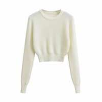 Basic Pure Stretch Slim Round Neck Long Sleeve Cropped Knitted Sweater - Thumbnail 2