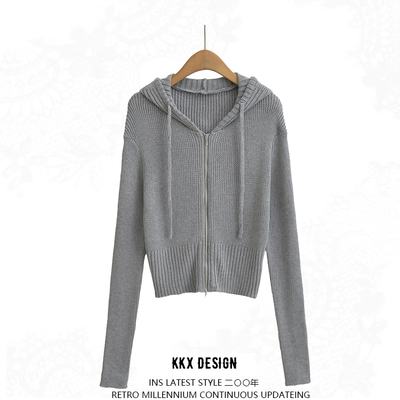 Solid color simple version zipper hooded cardigan long sleeve short knit sweater