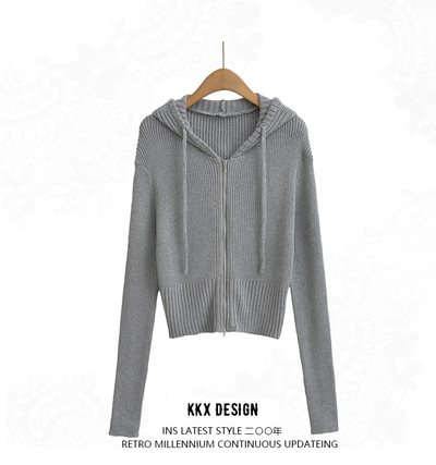 Solid color simple version zipper hooded cardigan long sleeve short knit sweater