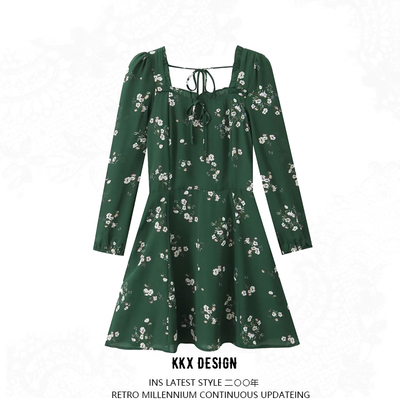 Retro floral print heart-shaped collar ruffled long-sleeved dress - Thumbnail 4