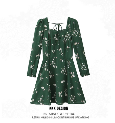 Retro floral print heart-shaped collar ruffled long-sleeved dress