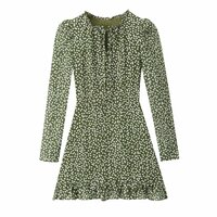 Retro style printed tie-up agaric collar ruffled hem long sleeve dress - Thumbnail 2