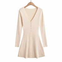 Single Breasted Short A-Line Long Sleeve V-Neck Dress - Thumbnail 2