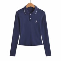 Retro preppy style lapel long-sleeved T-shirt top - Thumbnail 3