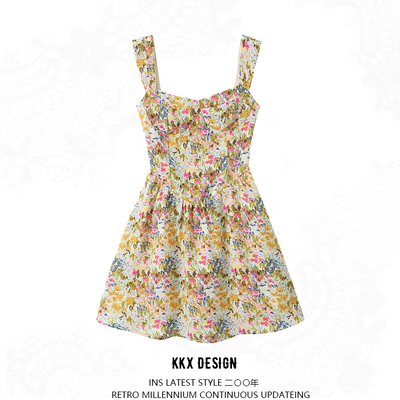 Vintage print chic waist short dress - Thumbnail 2