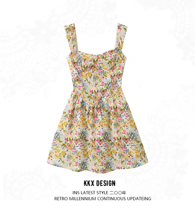 Vintage Print Chic Waist Short Dress