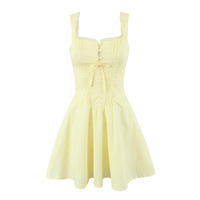 Square neck chic back drawstring suspender dress sweet lace stitching sexy slim mini skirt - Thumbnail 2