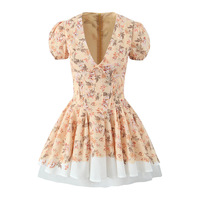 Pastoral style printed mini skirt French deep V cute puff sleeve short dress - Thumbnail 2