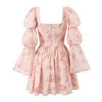Printed chic lotus root knot long-sleeved short chiffon dress - Thumbnail 1