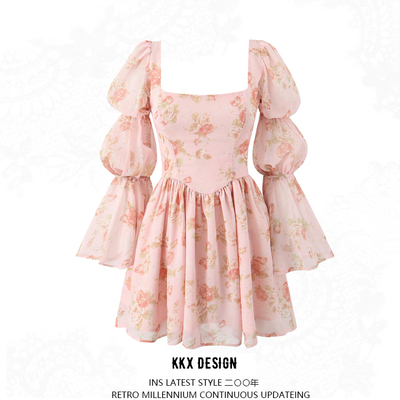 Printed chic lotus root knot long-sleeved short chiffon dress