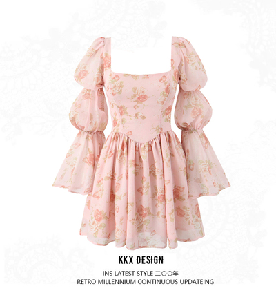 Printed chic lotus root knot long-sleeved short chiffon dress