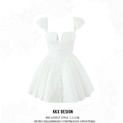 V-neck white waist short-sleeved slim short puffy dress