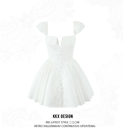 V-neck white waist short-sleeved slim short puffy dress