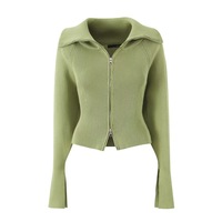 Retro lapel split long sleeve double zipper slim fit solid color knitted sweater - Thumbnail 2