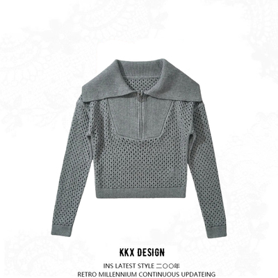Retro large lapel zipper hollow long sleeve knitted pullover sweater