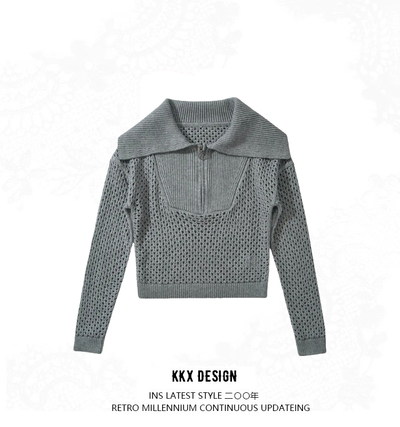 Retro large lapel zipper hollow long sleeve knitted pullover sweater