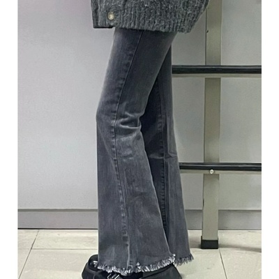 Elastic high waist slim trouser flared jeans women cotton vintage blue denim pants