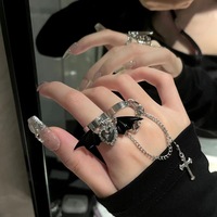  Crystal Heart Cross Irregular Double Finger Rings Jewelry Punk Black Bat Wing Cross Chain Rings for Men Women  - Thumbnail 2