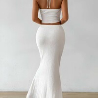 Twist V-Neck Backless Halter Neck Tops and High Waist Long Skirt Set for women 2 Piece Summer Outfits  - Thumbnail 2