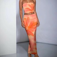 women's flower print Fashion slim-fit breast wrap buttock long skirt suit - Thumbnail 1
