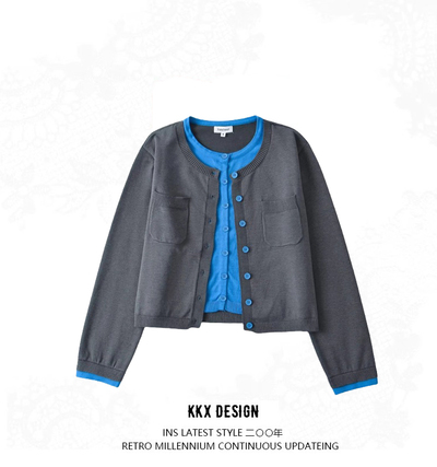 Fake two-piece single-breasted contrast color long-sleeved cardigan