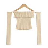 Off-shoulder single-breasted long-sleeved knitted sweater - Thumbnail 1
