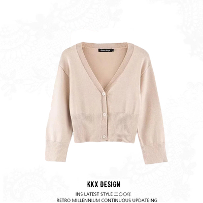 V-neck single-breasted three-quarter sleeve knitted sweater high waist short cardigan