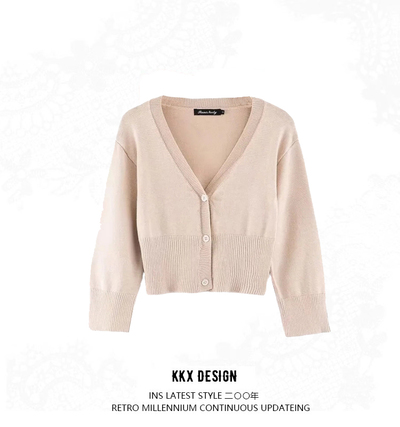V-neck single-breasted three-quarter sleeve knitted sweater high waist short cardigan