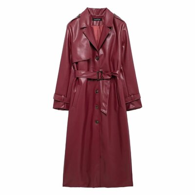 Lapel and belted long faux leather trench coat - Thumbnail 5