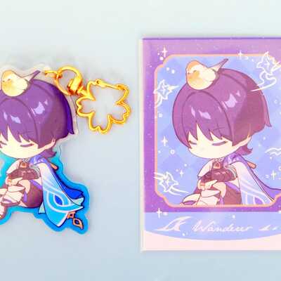 Genshin impact - crimson finch - wanderer photocard & keychain - set of 2 - gradient acrylic with sakura hook - ultra high quality
