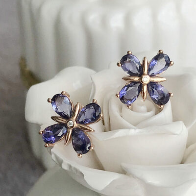 Beautiful natural iolite 925 sterling silver earstuds flower shape stud earrings for lady for girls
