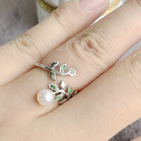 Free Size Green Tsavorite White Pearl Ring Natural Freshwater Pearl 925 Sterling Silver Ring for Women - Thumbnail 4