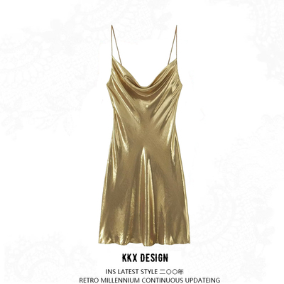 Fashionable low-neck halter-back metallic suspender dress