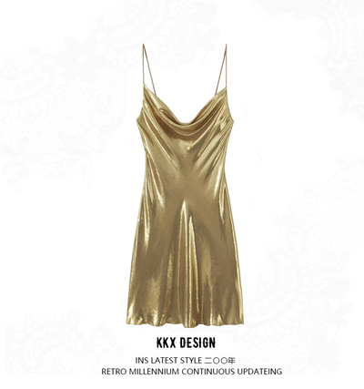 Fashionable low-neck halter-back metallic suspender dress