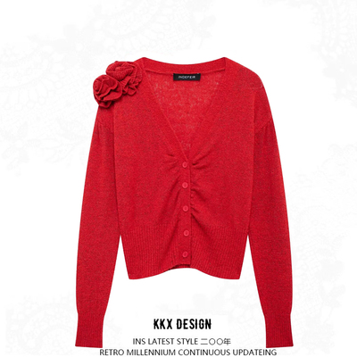 Street fashion flower-decorated knitted jacket