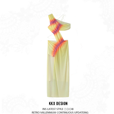 Asymmetric print long cutout sleeveless dress