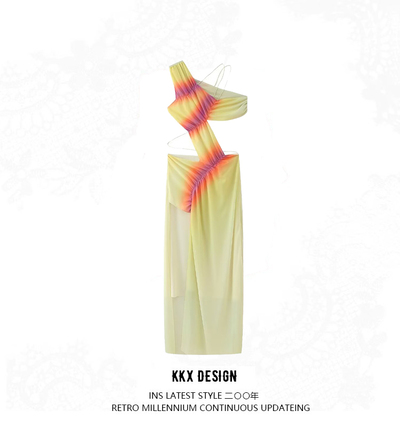 Asymmetric Print Long Cutout Sleeveless Dress