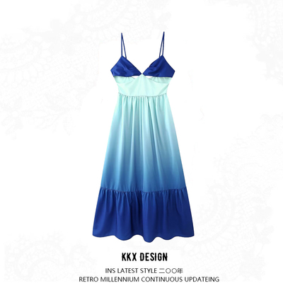 Sexy style gradient dress high waist pleated sleeveless suspender skirt