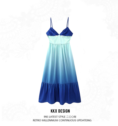 Sexy style gradient dress high waist pleated sleeveless suspender skirt