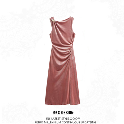 Fashionable slant neck velvet waist pleated solid color sleeveless dress